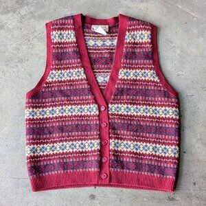 Vintage Talbots Petites Red Wool Fair Isle Stripe V-Neck Sweater Vest medium